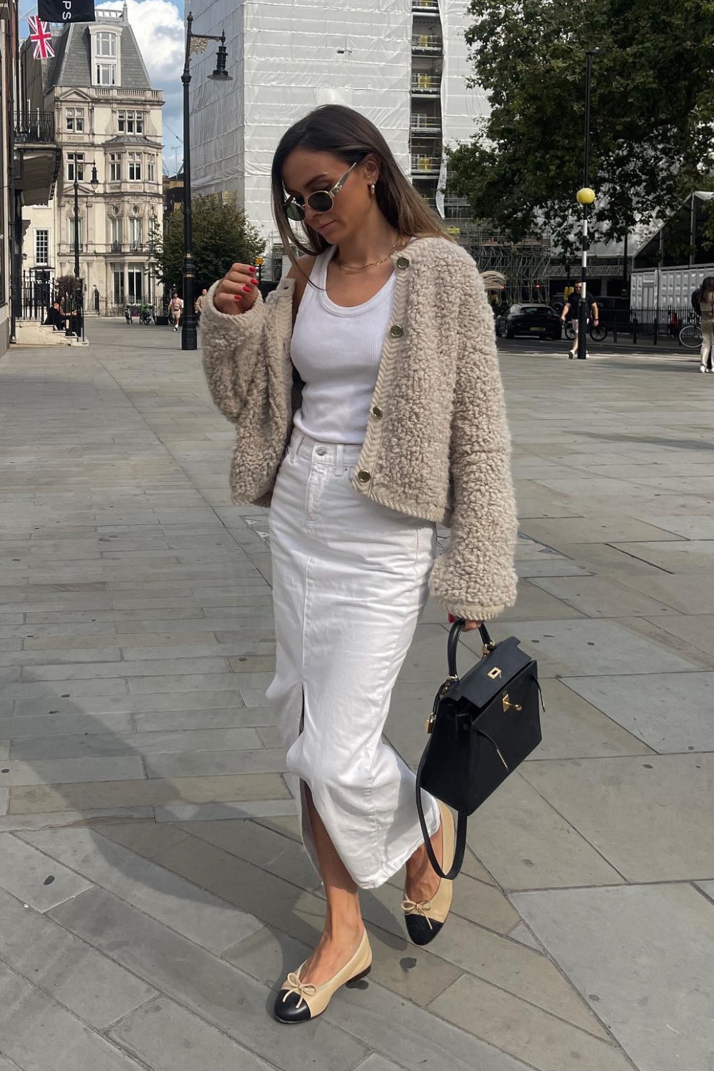 Fuzzy Cardigan and Denim Skirt