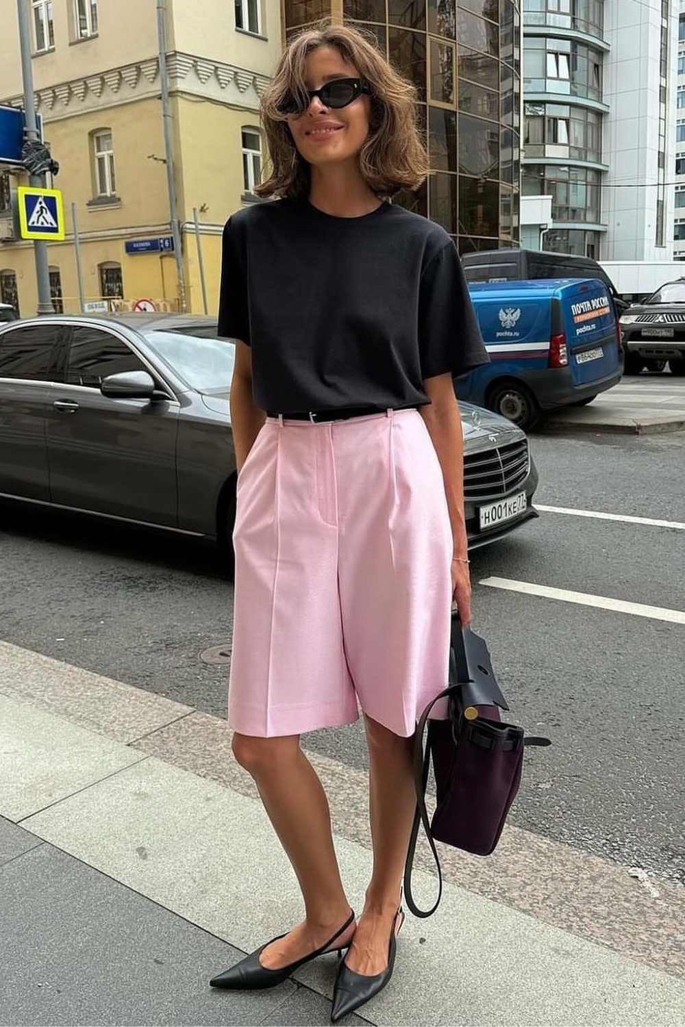 Black Tee and Light Pink Wide-Leg Shorts