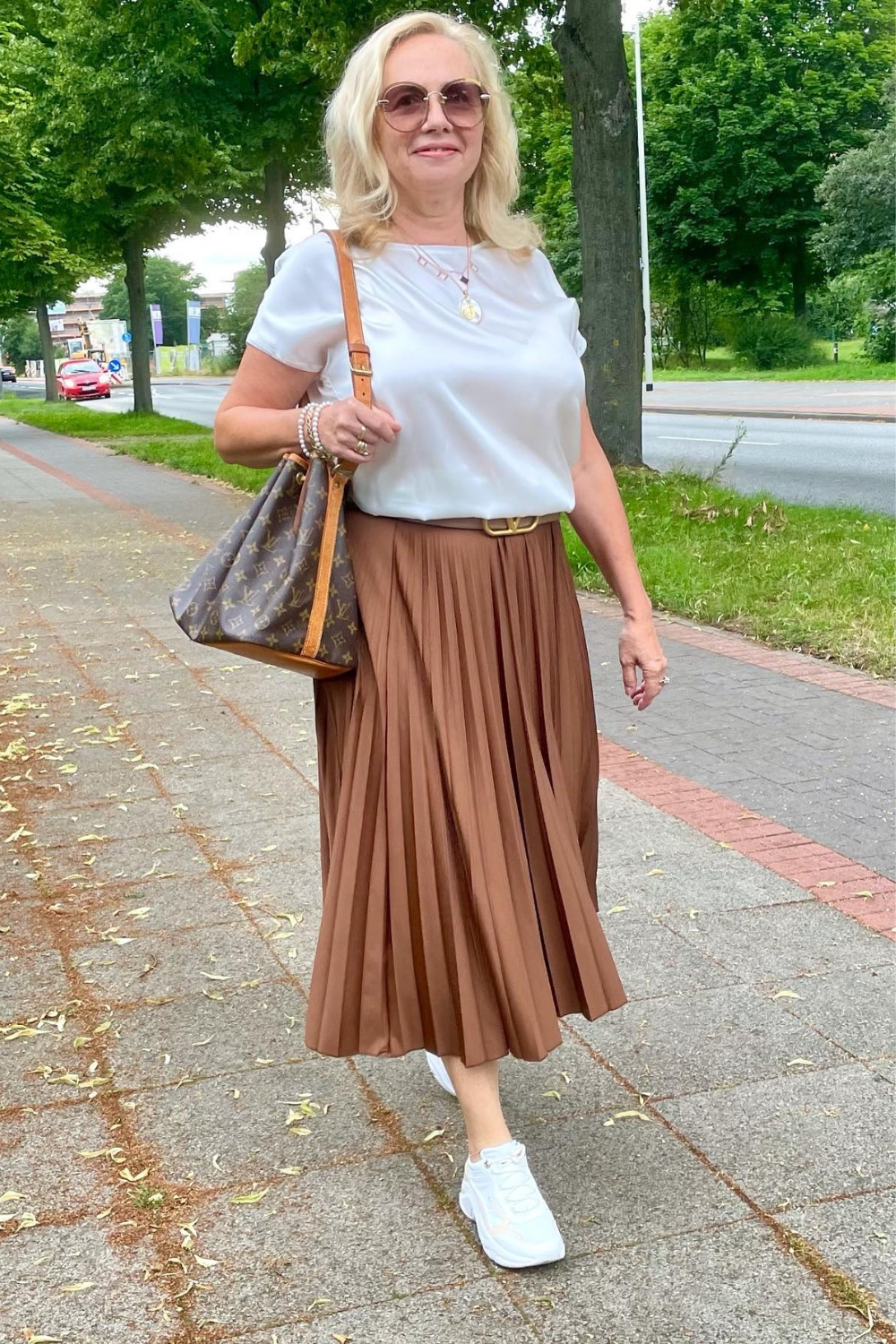 White Tee and Pleated Maxi Skirt