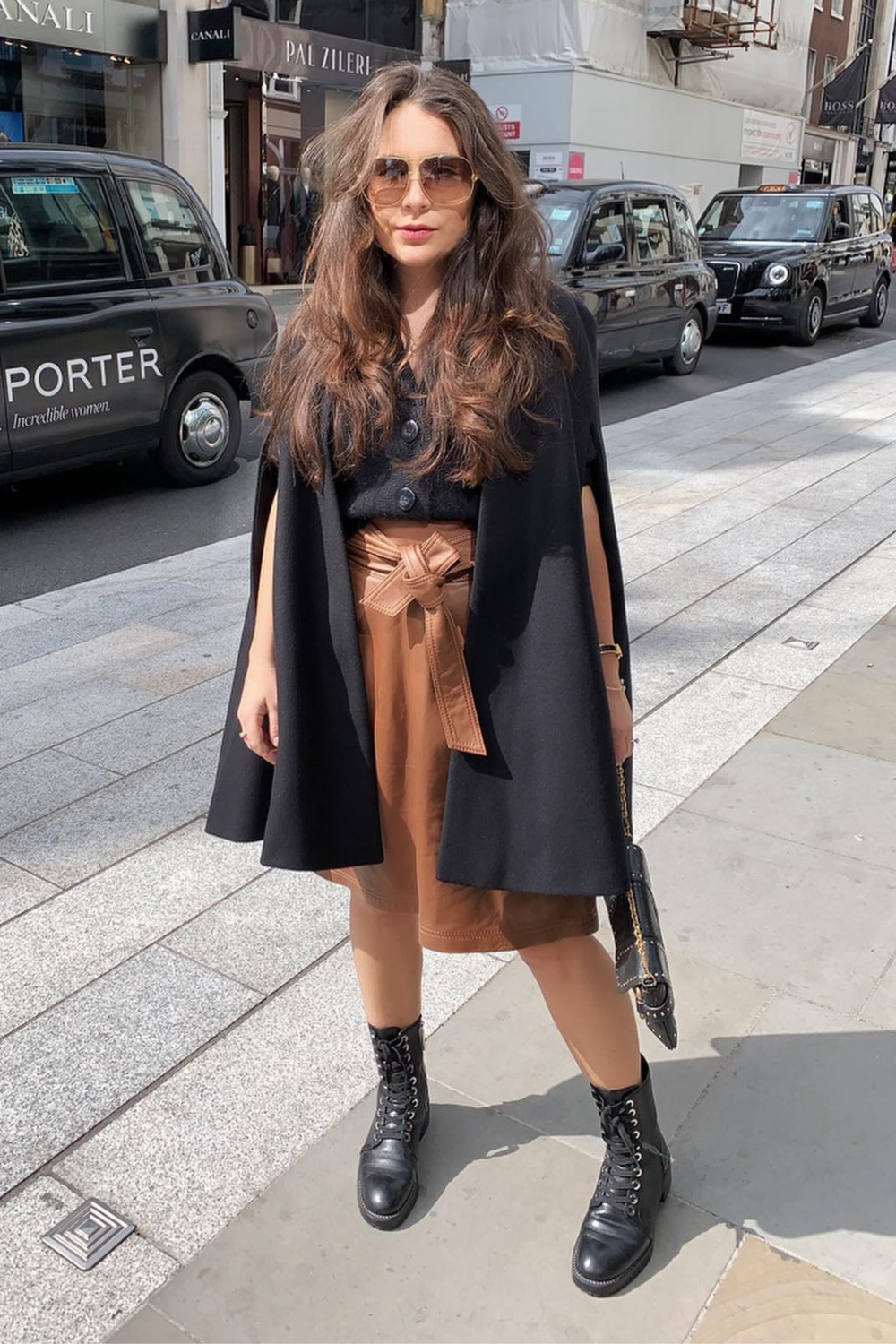 Cape Coat and Leather Midi Skirt