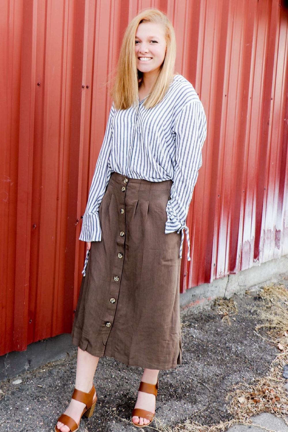 Striped Shirt and Button-Front Skirt