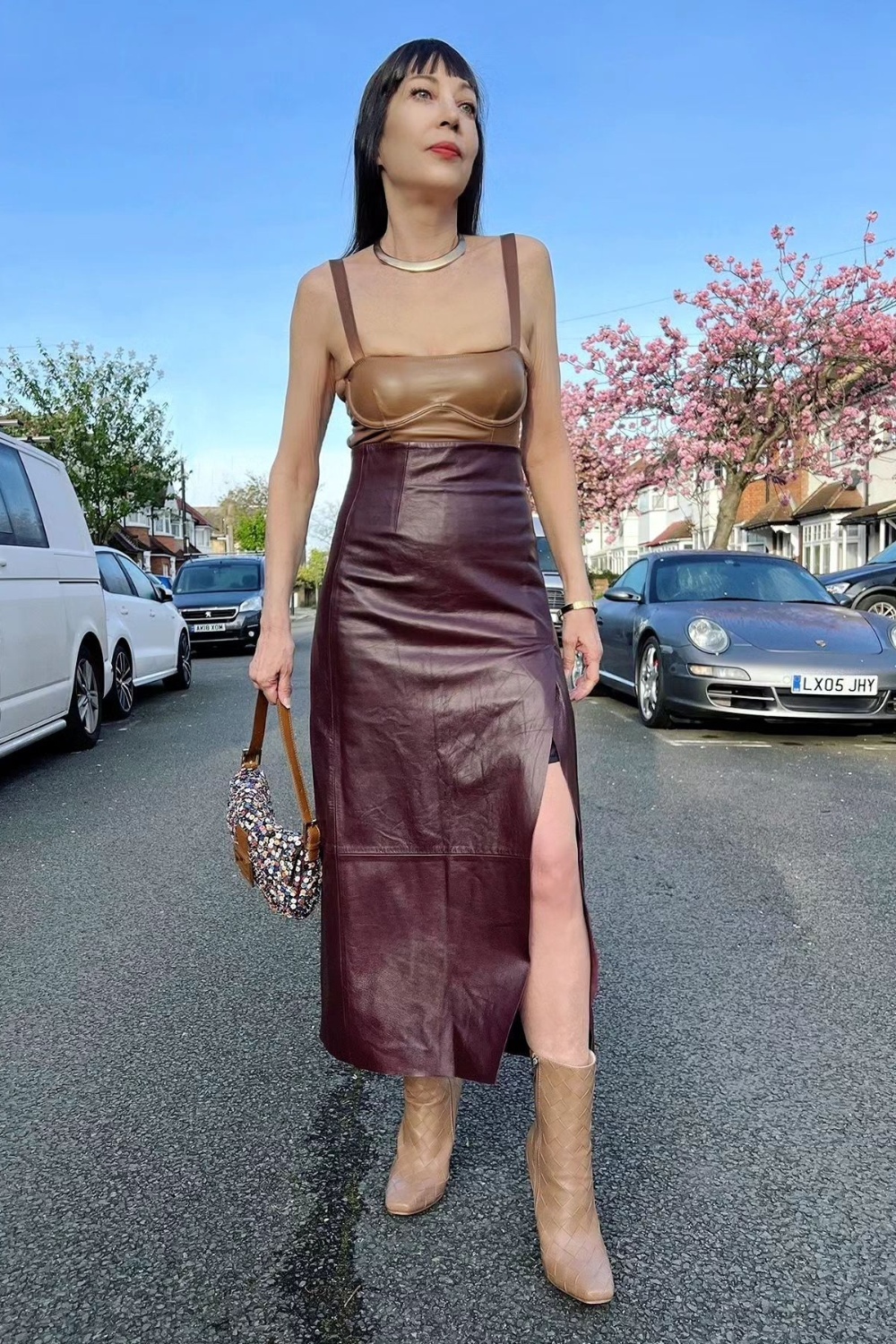 Tan Top and Burgundy Maxi Skirt