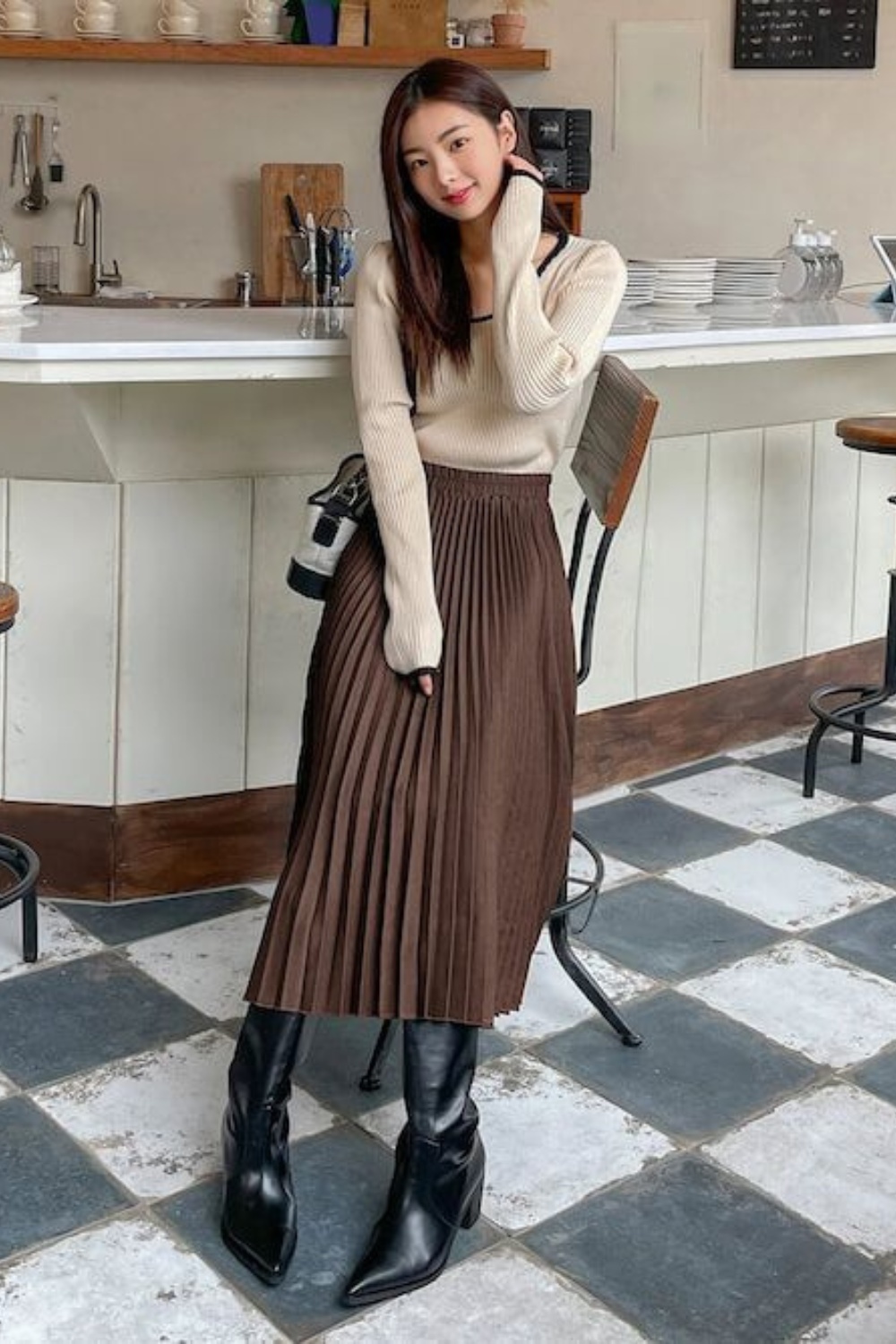 Cream Sweater and Pleated Midi Skirt