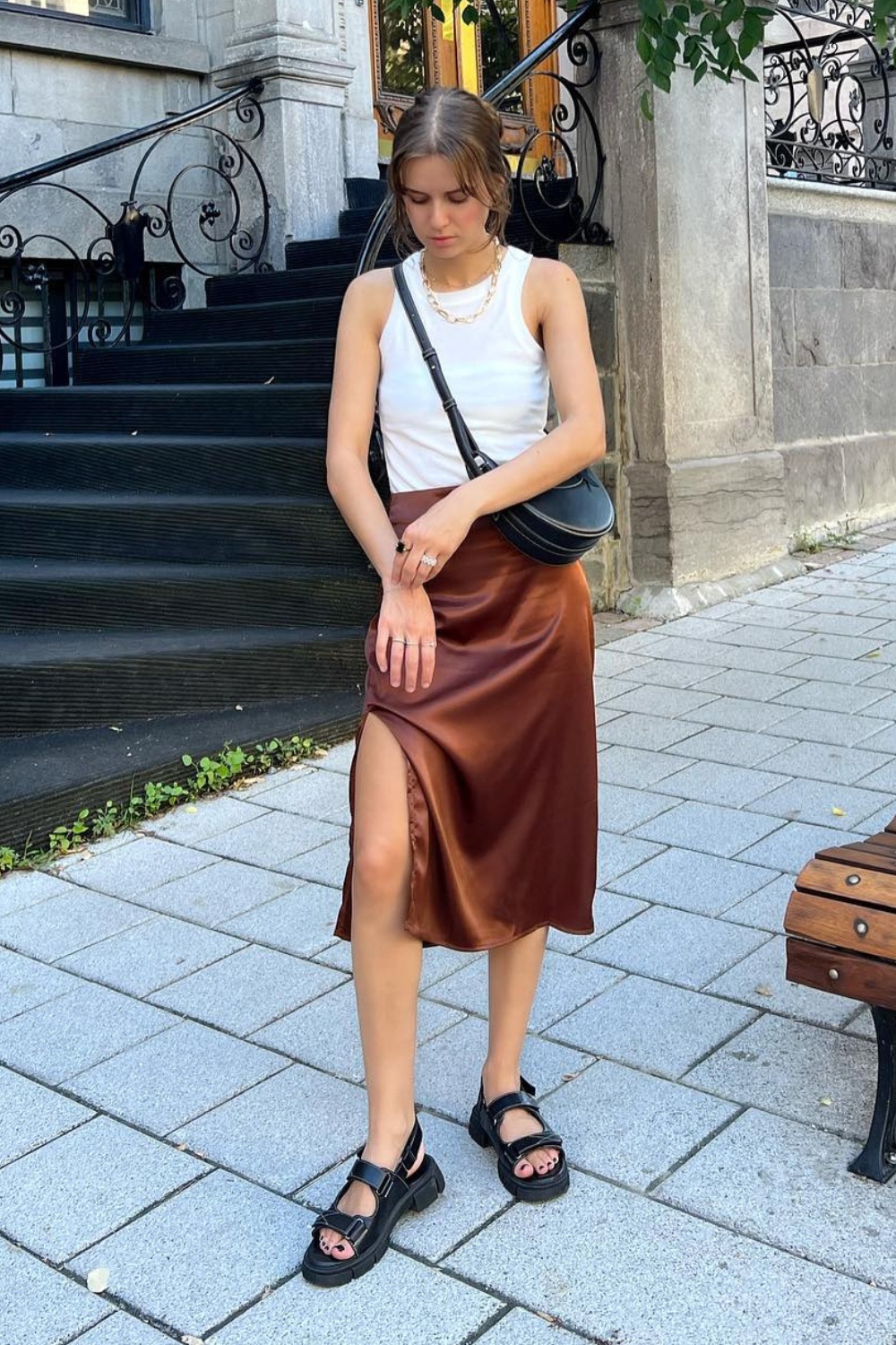 White Tank and Satin Midi Skirt