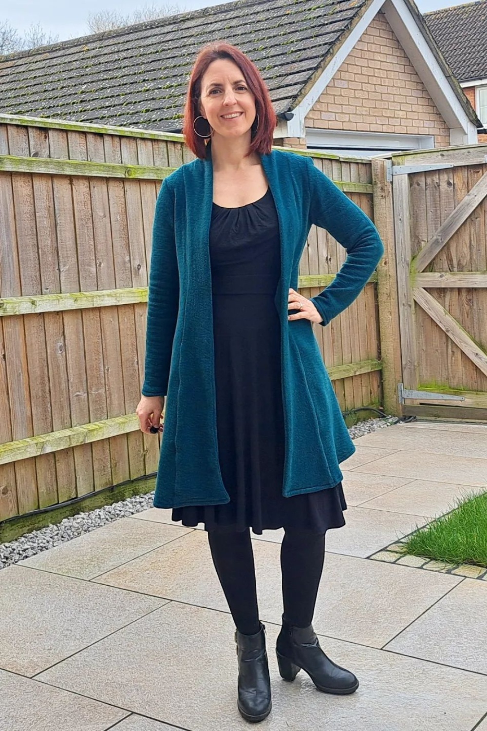 Teal Cardigan Over a Little Black Dress