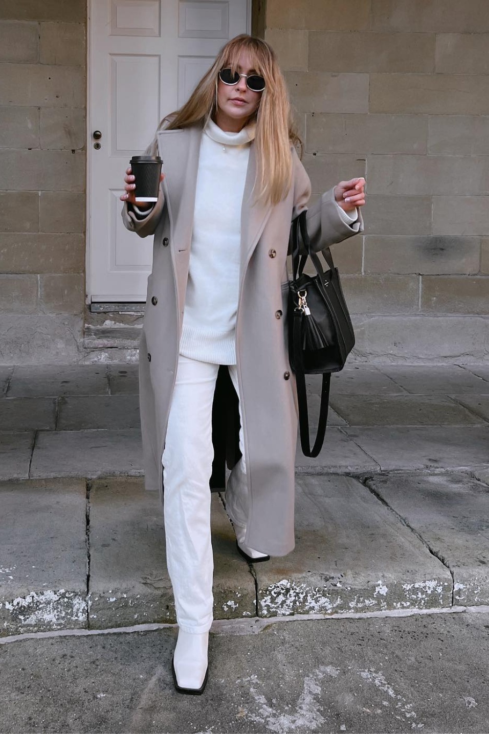 All-White Long Coat Outfit