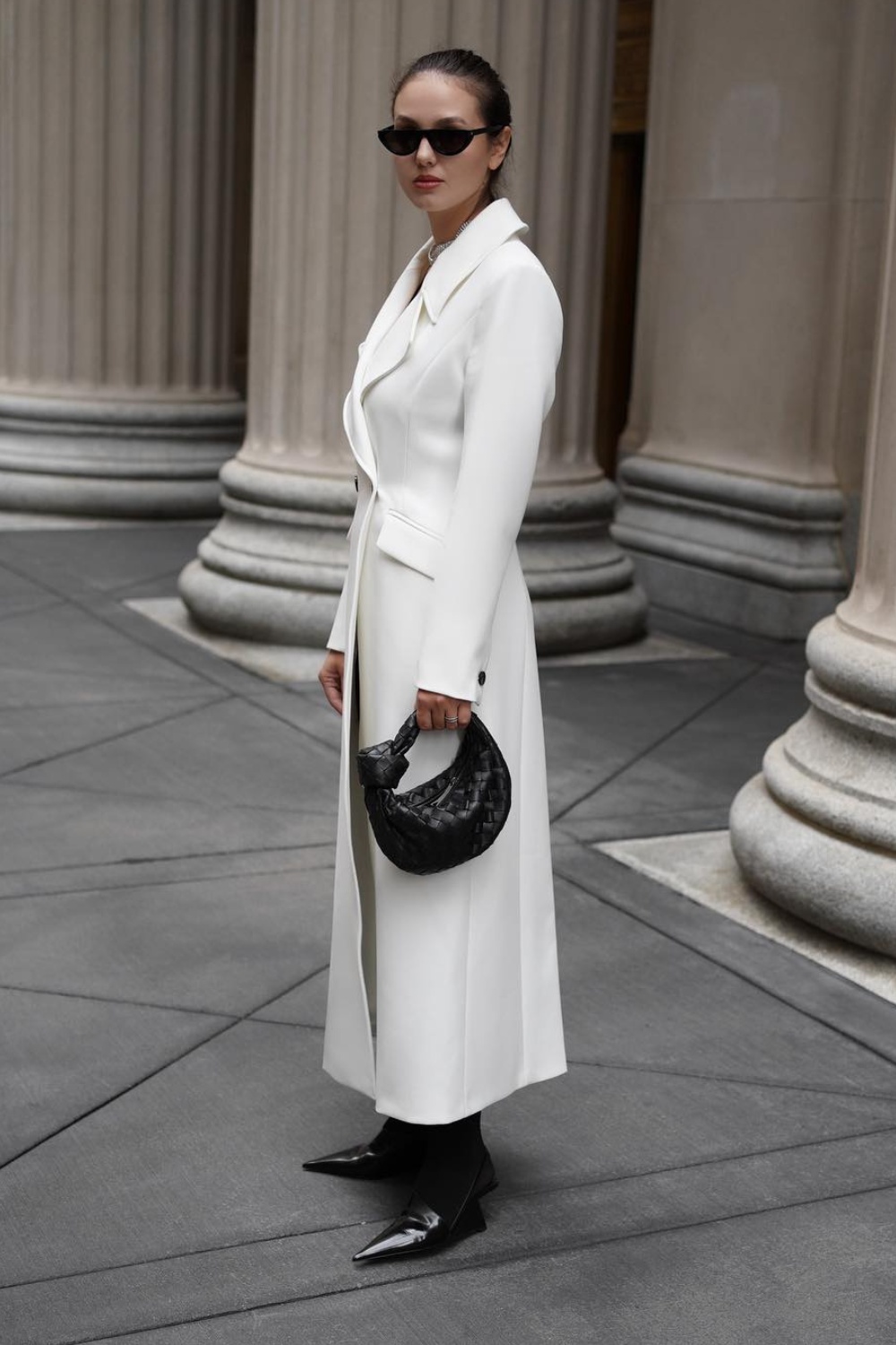 Long White Coat with Black Accessories