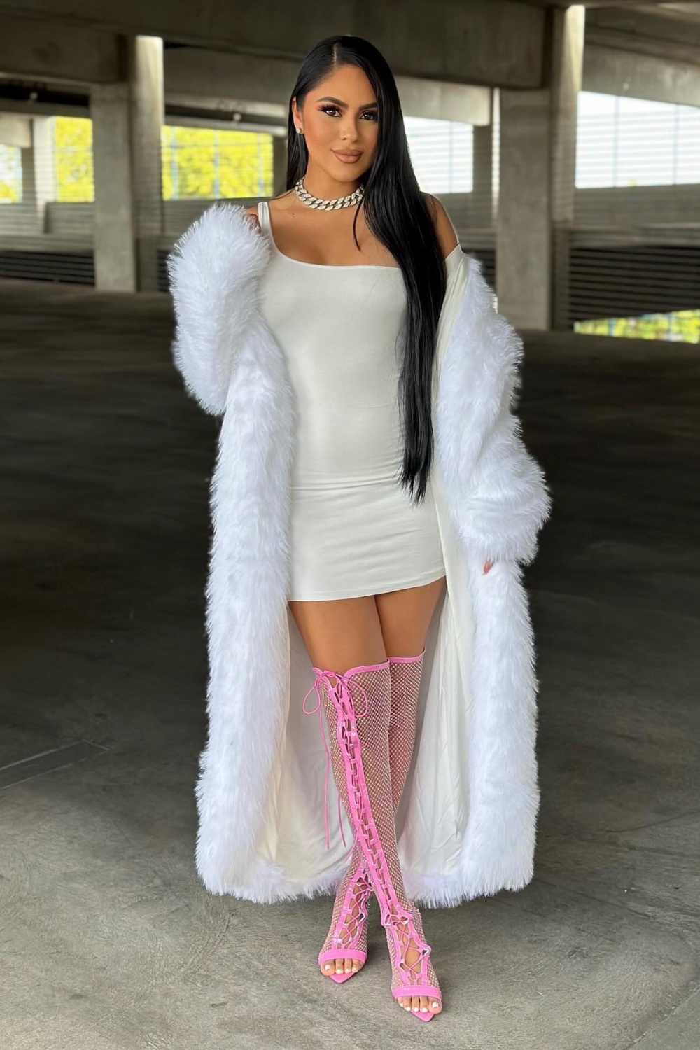 Fluffy White Long Coat with Mini Dress