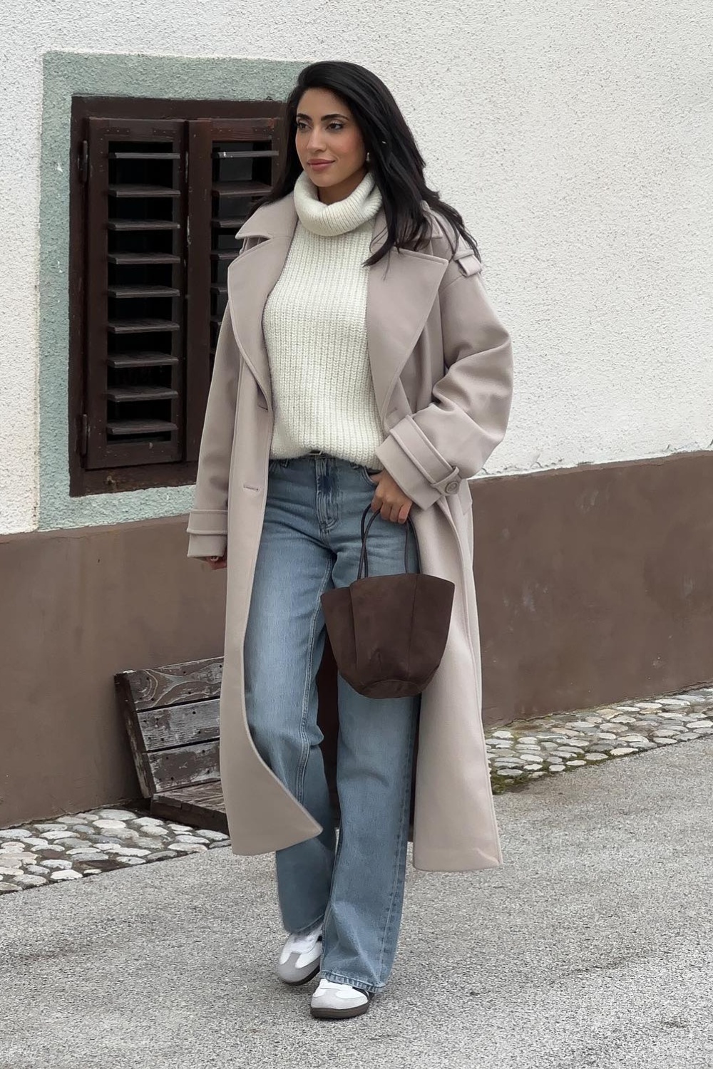 Long Beige Coat with White Turtleneck Sweater