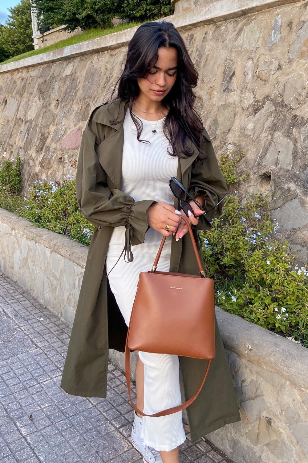 Olive Green Trench Coat with White Ribbed Dress