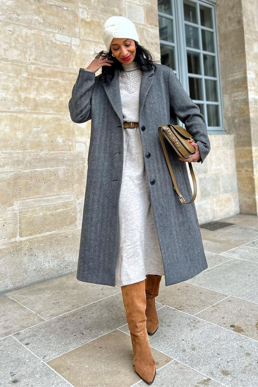 Gray Long Wool Coat with Knit Sweater Dress