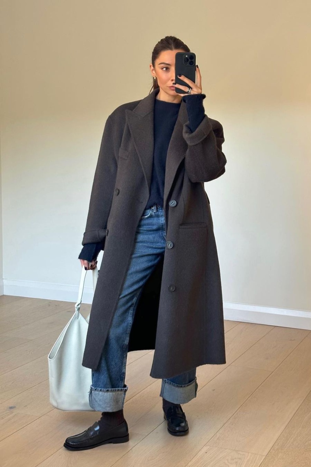 Dark Long Wool Coat with Blue Jeans