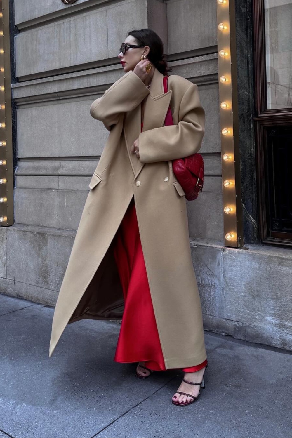 Elegant Long Beige Coat with Maxi Dress