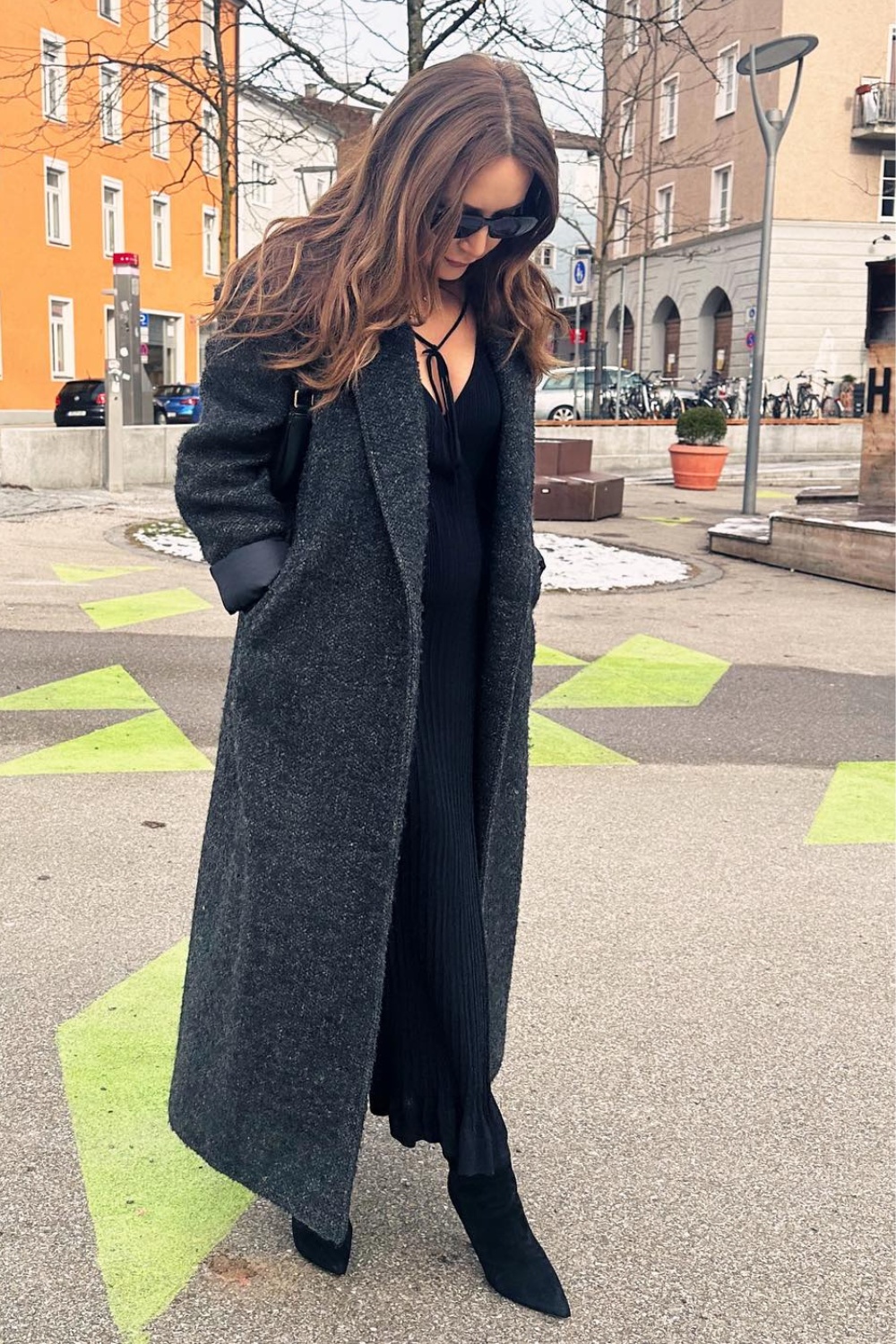 Chic Dark Gray Coat and Black Long Dress