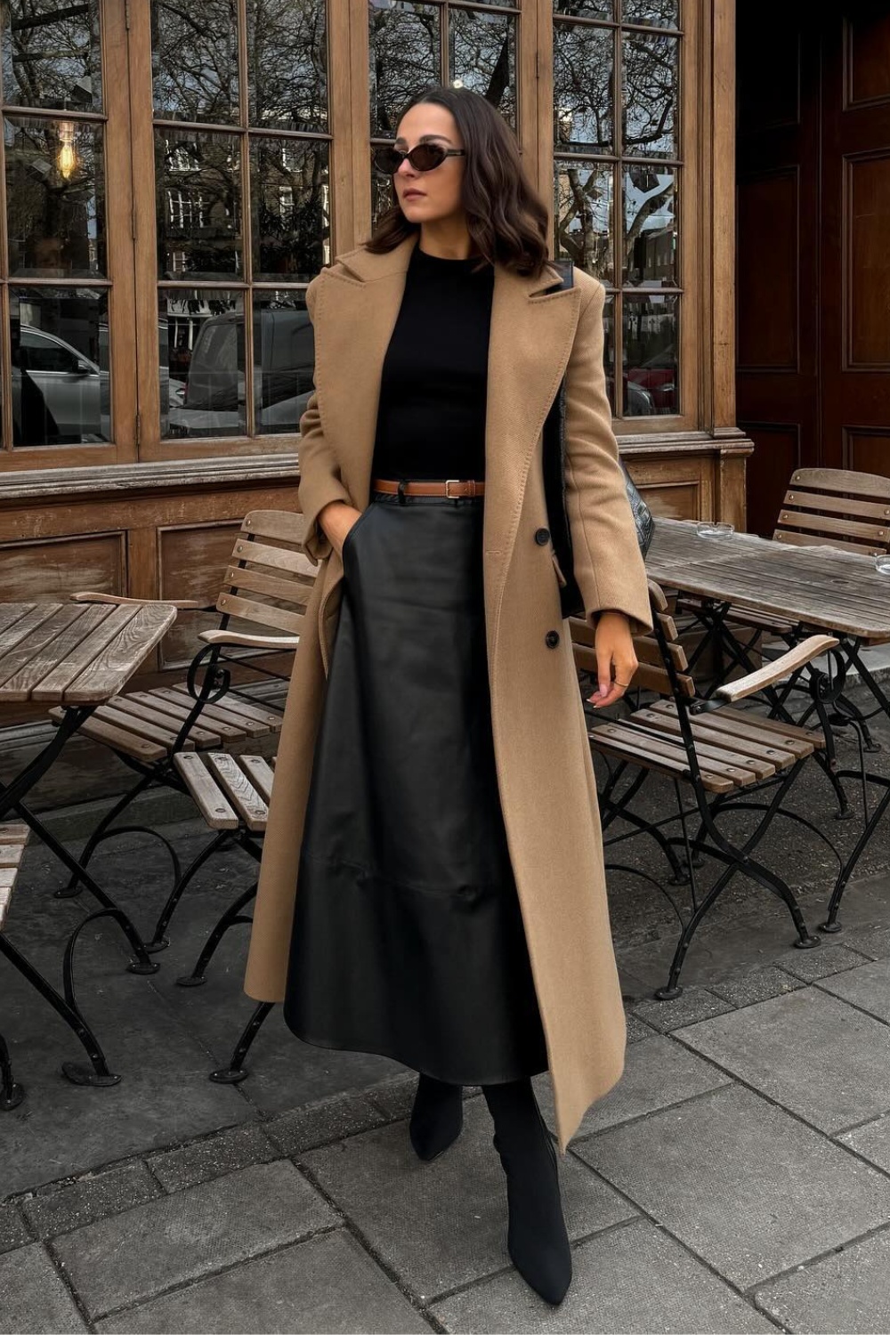 Camel Long Coat with Black Maxi Skirt