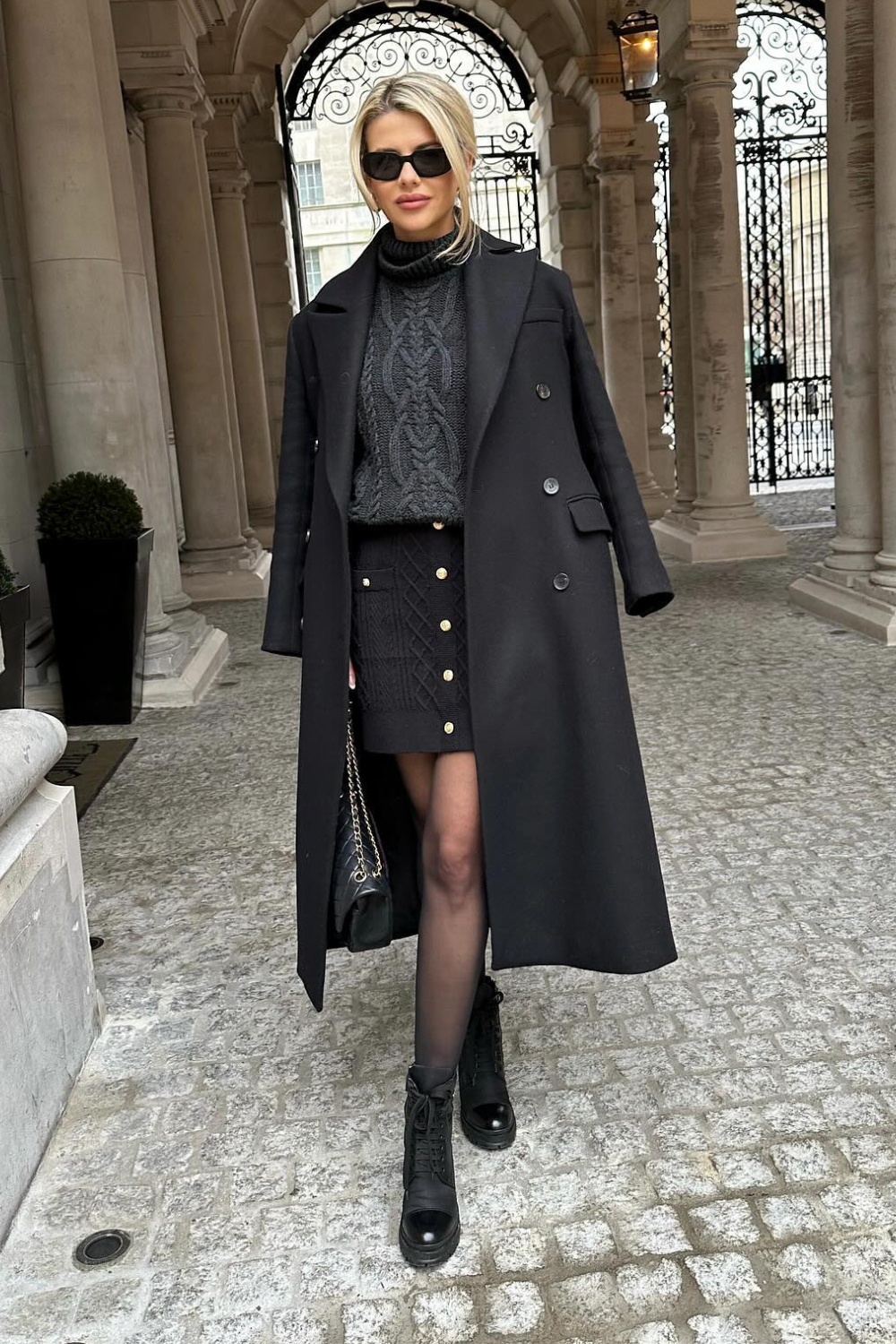 Edgy Black Long Coat and Combat Boots