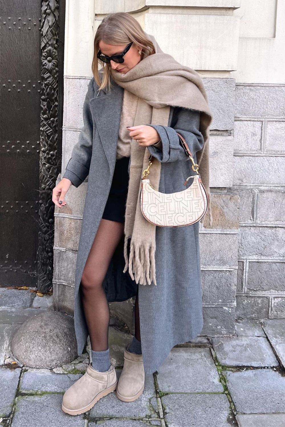 Cozy Gray Long Coat with UGG Boots