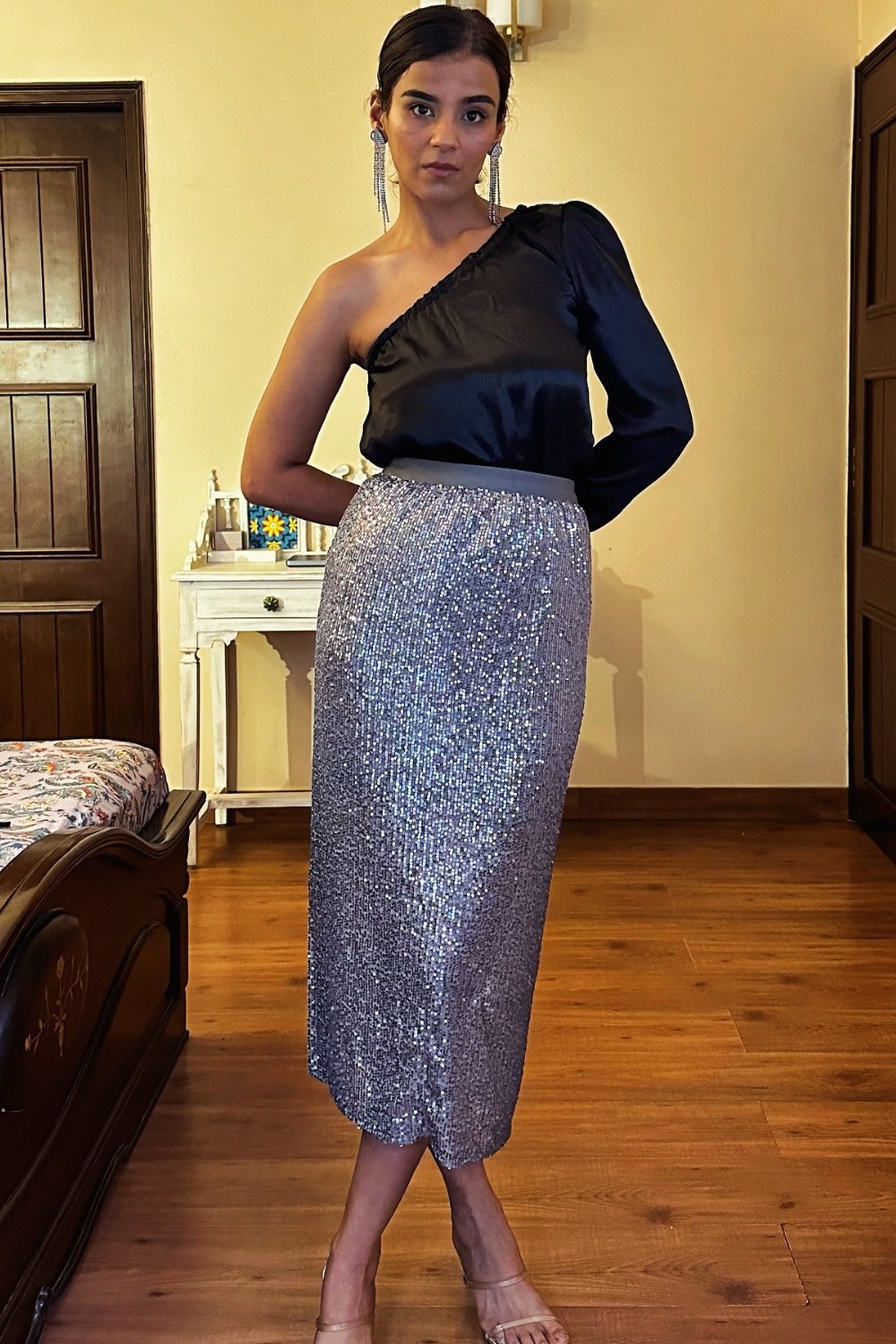 One-Shoulder Top with Sequin Midi Skirt