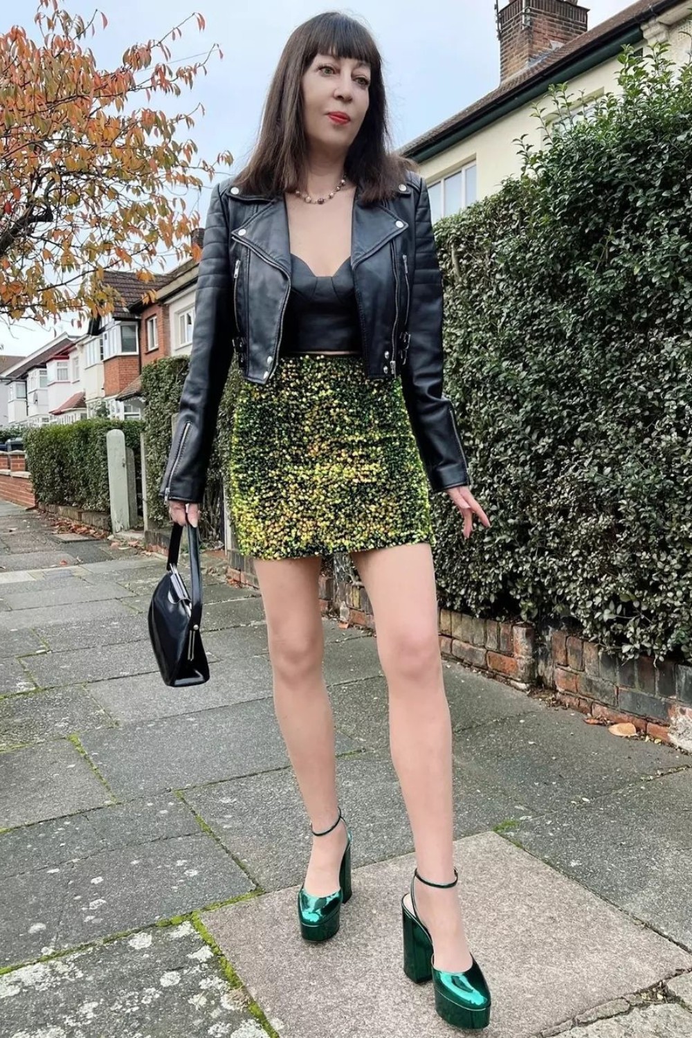 Edgy Leather Jacket and Green Sequins