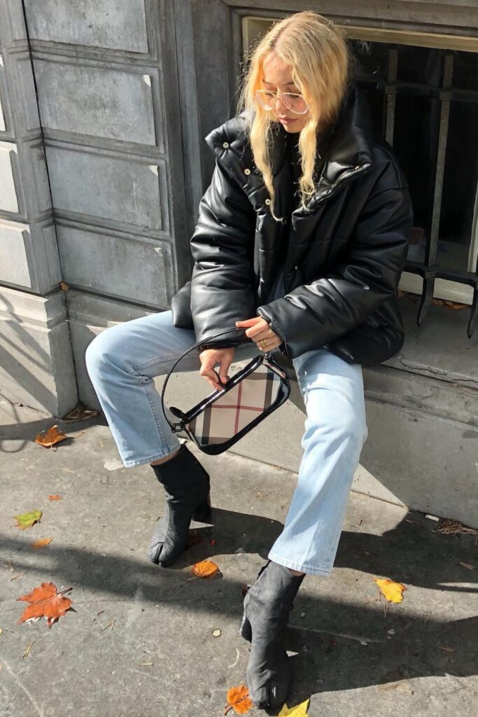 Puffer Jacket and Straight-Leg Jeans