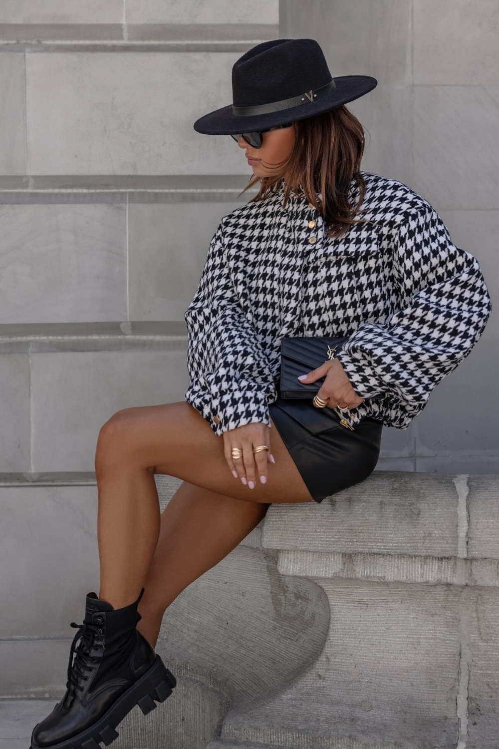 Black Tweed Jacket with Checkered Mini Skirt