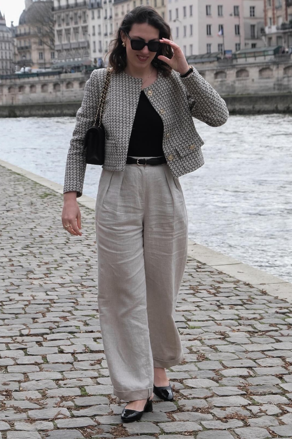 Tweed Jacket with Wide-Leg Beige Trousers