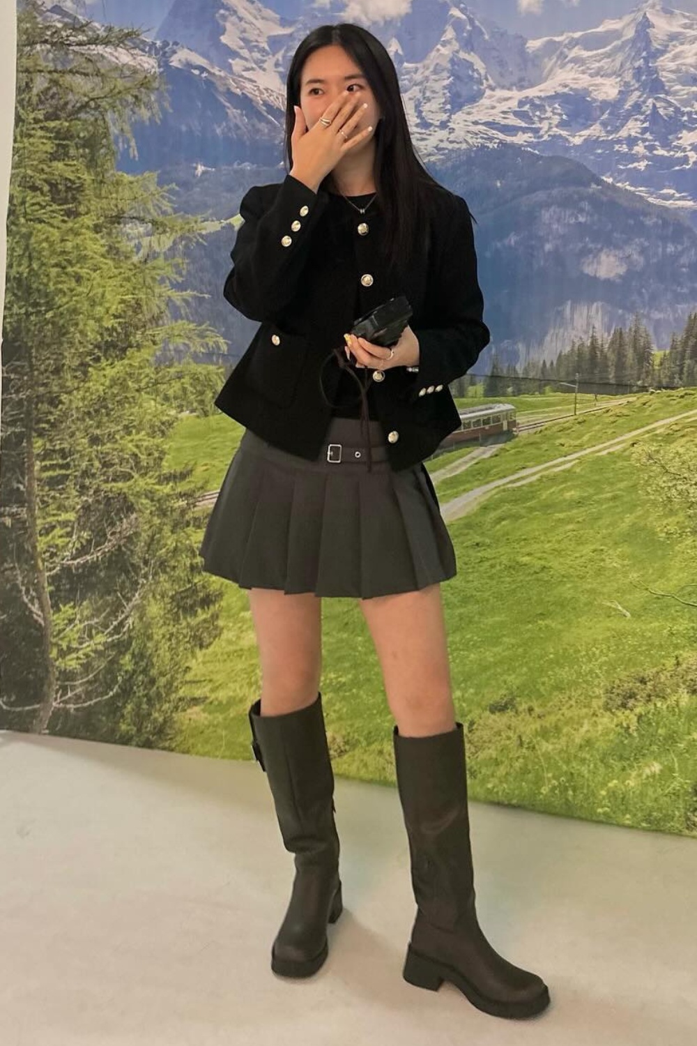 Black Tweed Jacket with Gray Pleated Mini Skirt