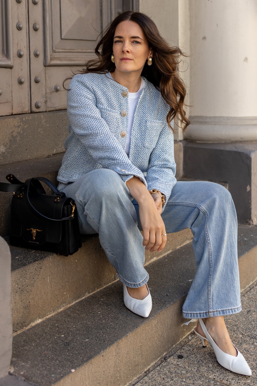 Light Blue Tweed Jacket with Wide-Leg Jeans