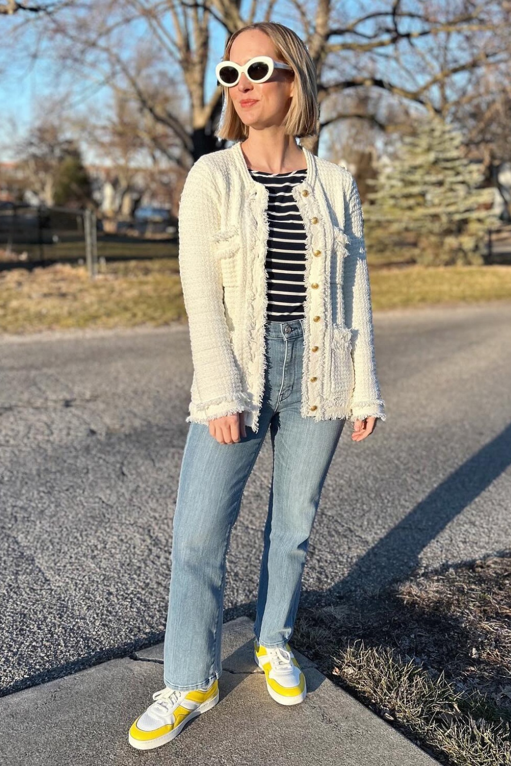 White Tweed Jacket with Striped Top and Jeans