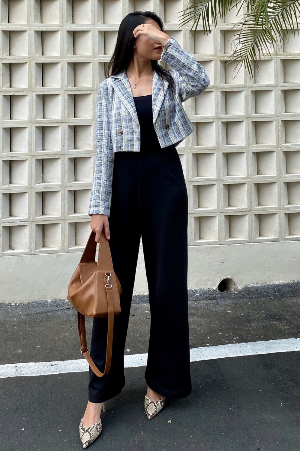 Plaid Tweed Cropped Blazer with Black Jumpsuit