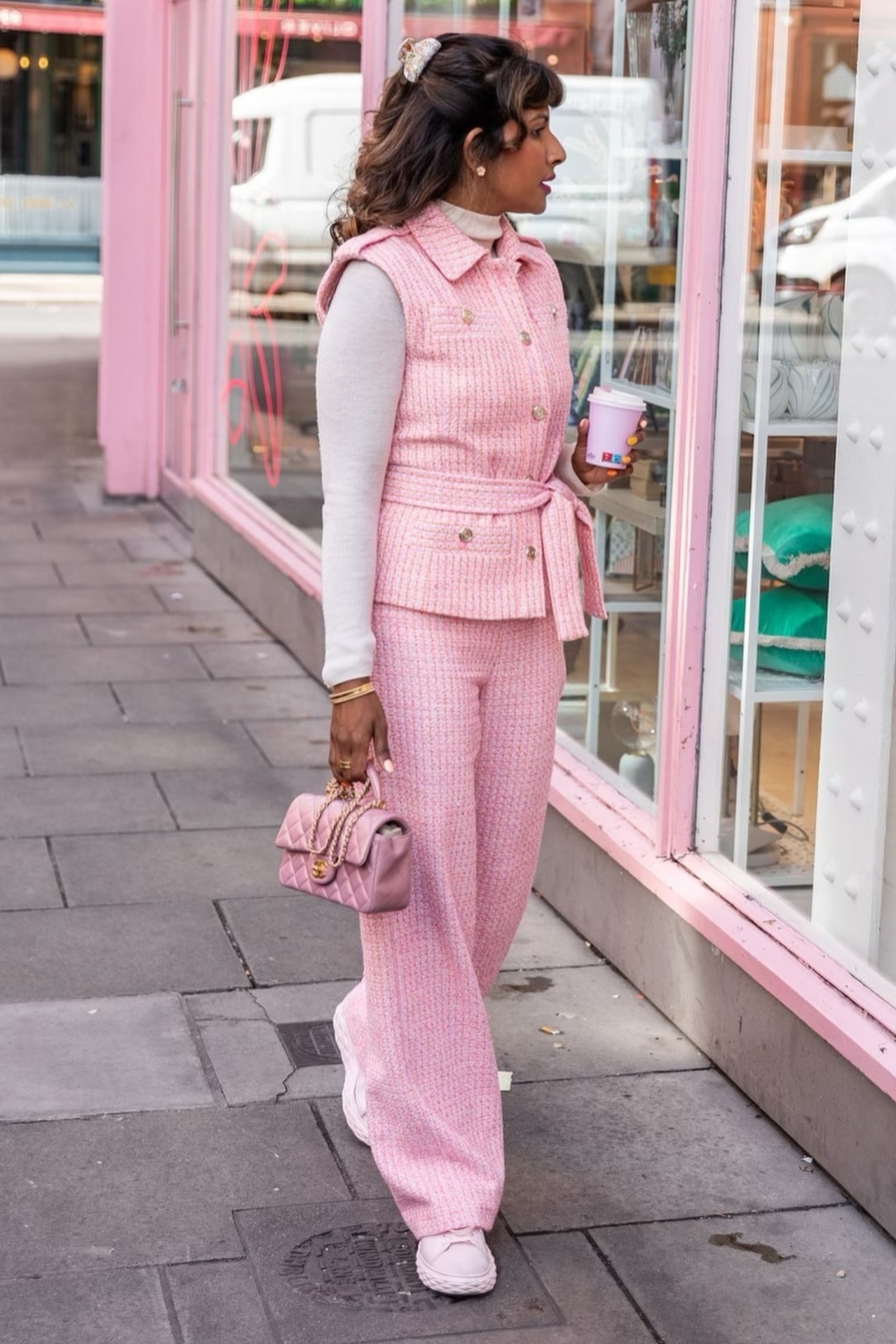 Pink Tweed Vest Jacket and Wide-Leg Pants Set