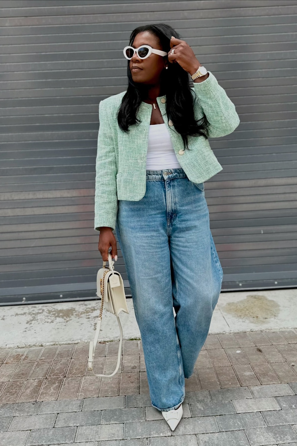 Tweed Jacket with Wide-Leg Jeans