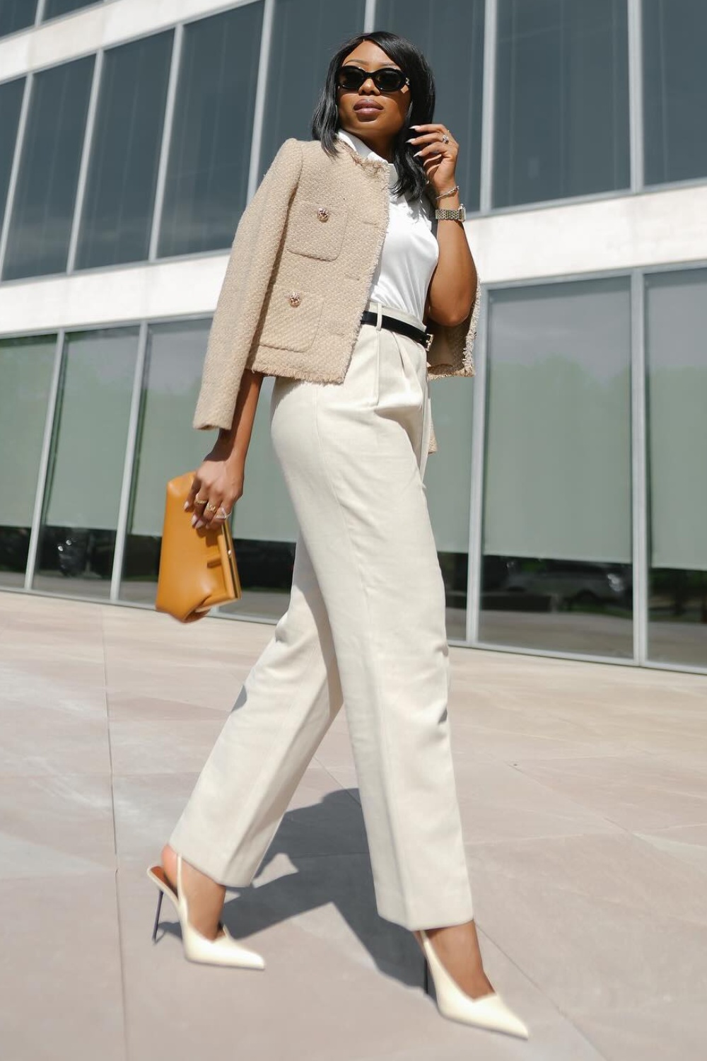 Beige Tweed Jacket with White Wide-Leg Trousers