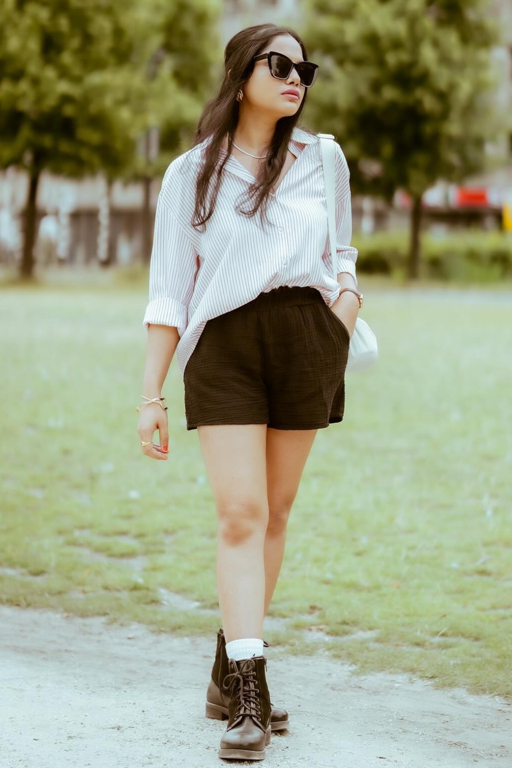 White Striped Button-Up and Dark Shorts