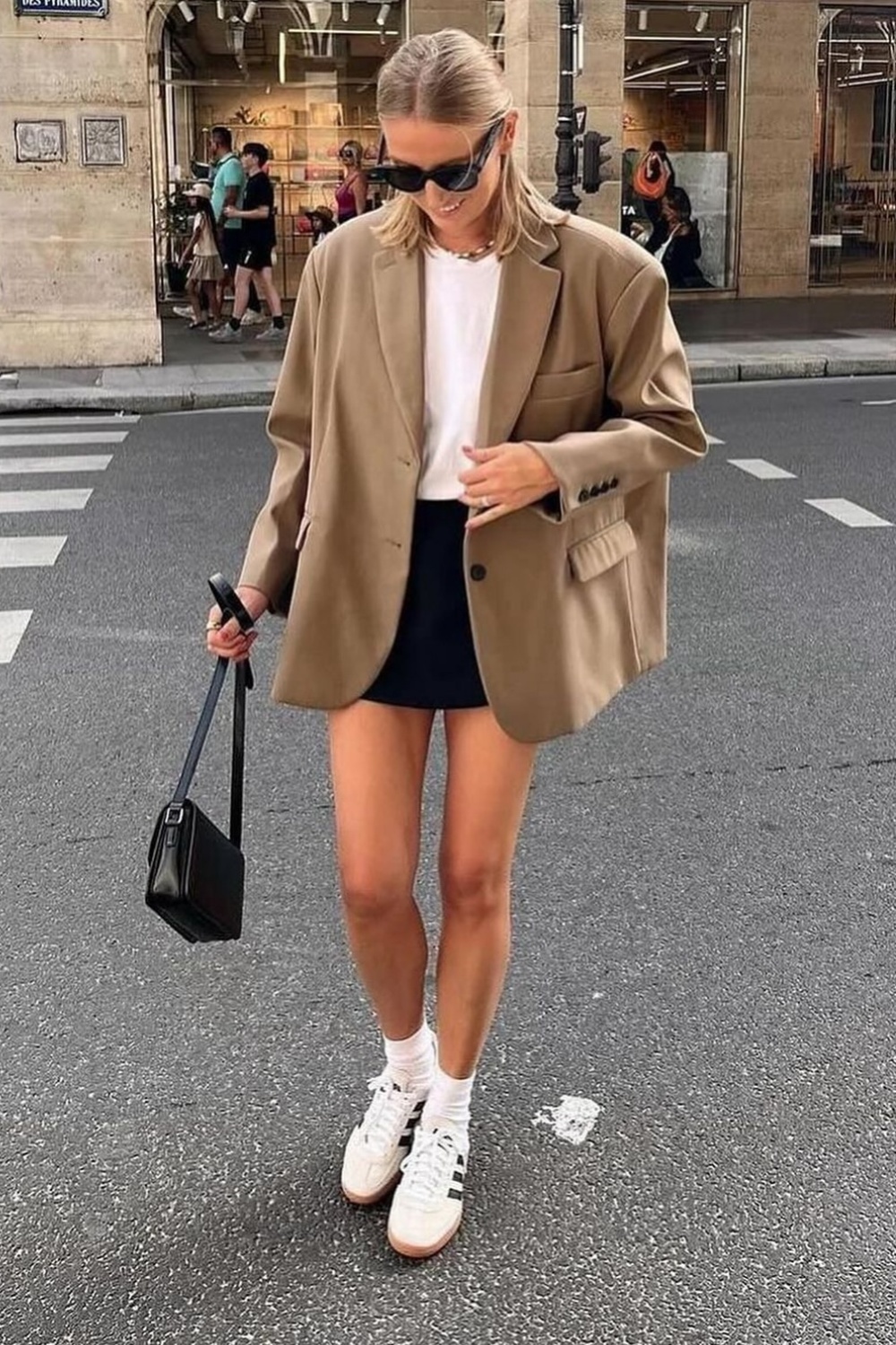 White Tee, Tan Blazer, and Black Shorts