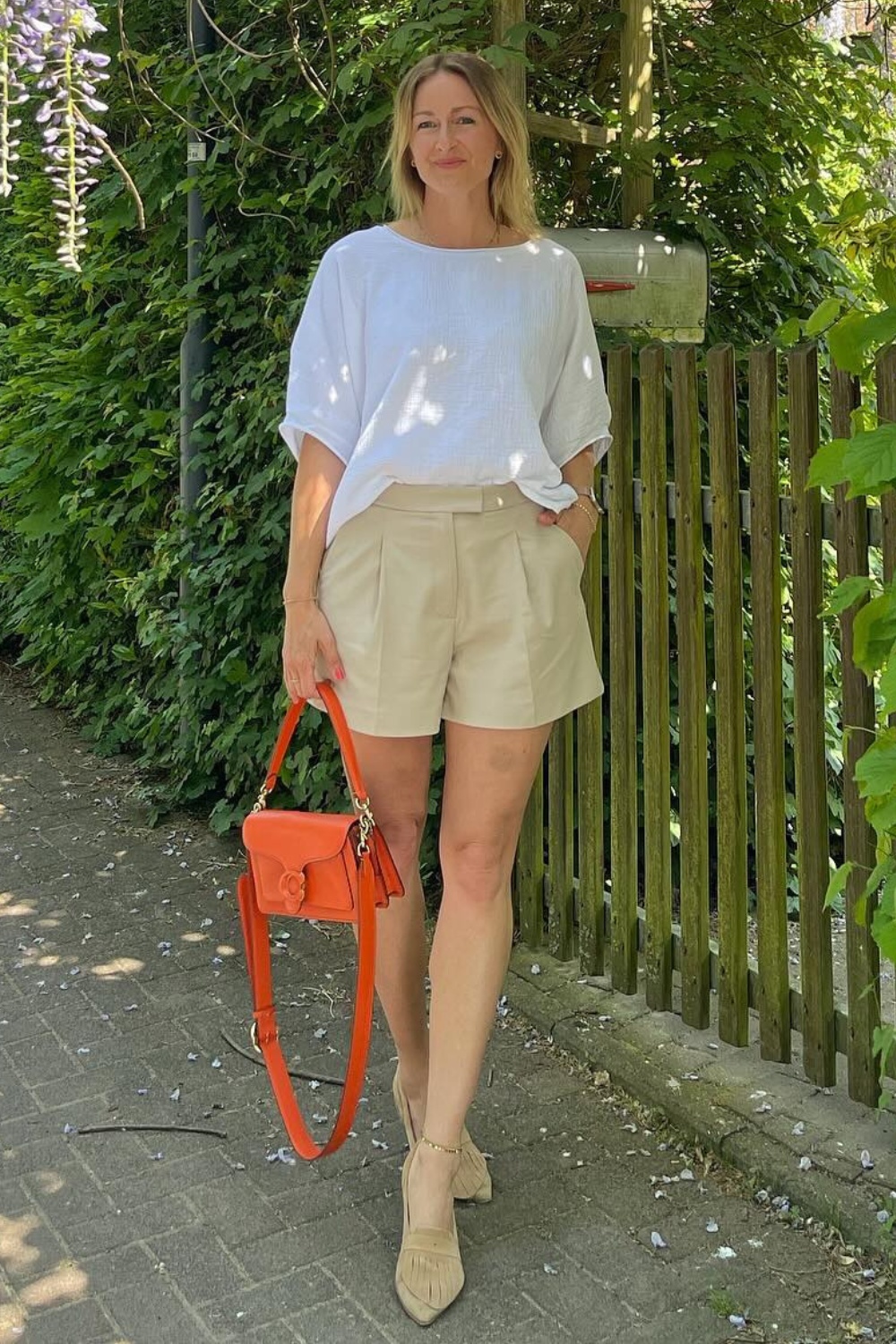 White Tee and Beige Tailored Shorts