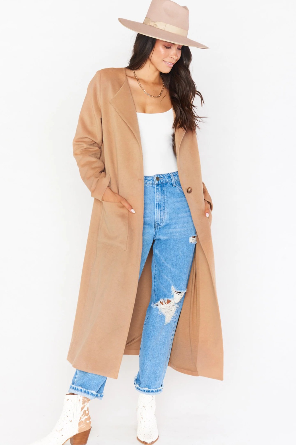 Camel Coat and Distressed Jeans