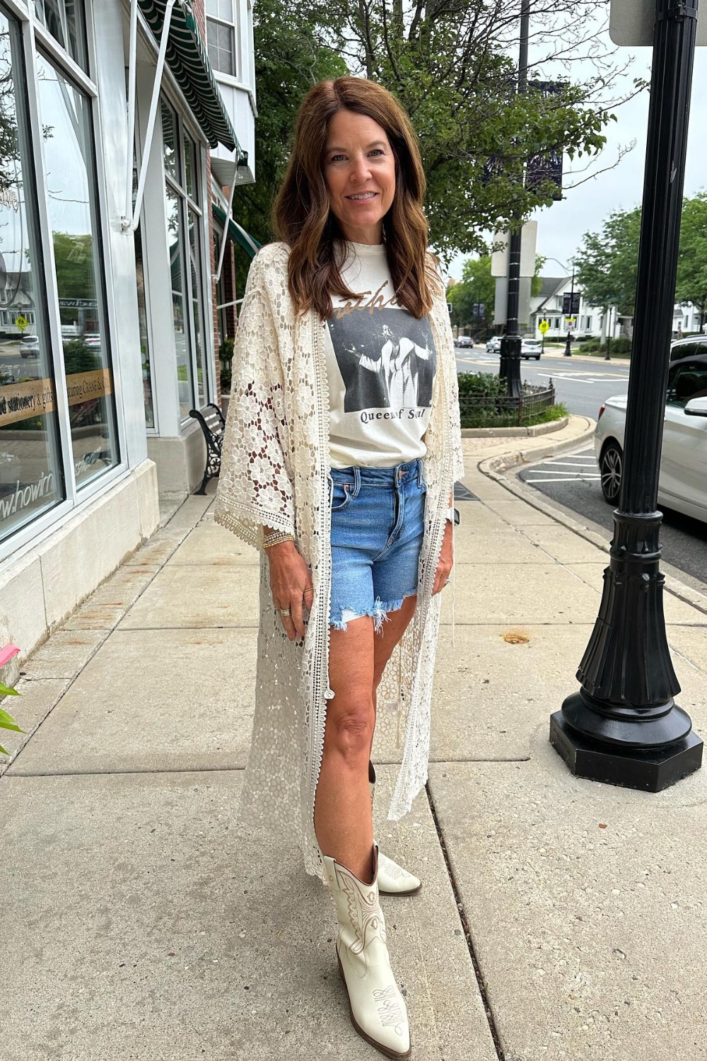 Lace Cardigan and Denim Shorts