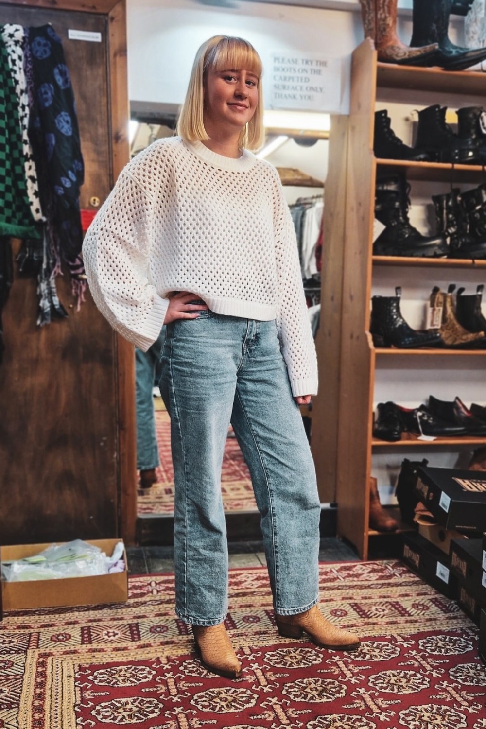 Openwork Sweater and Straight-Leg Jeans