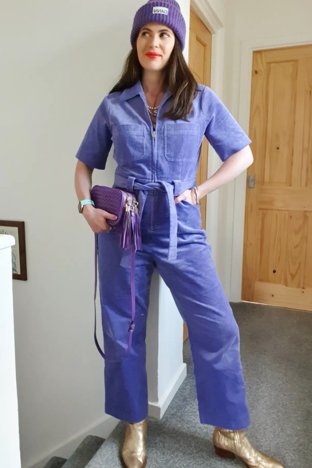 Corduroy Jumpsuit and Metallic Boots