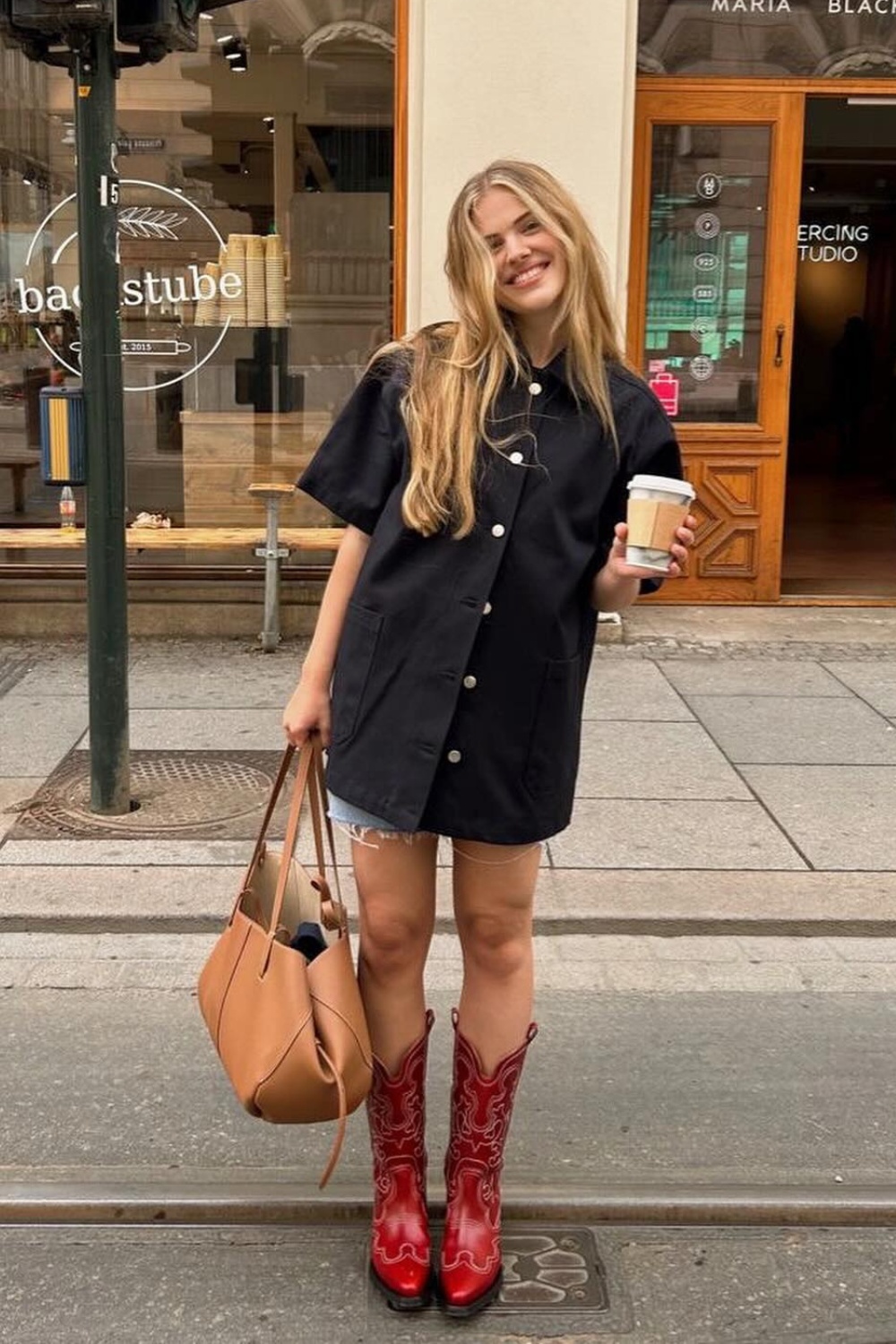 Oversized Shirt Dress and Red Boots