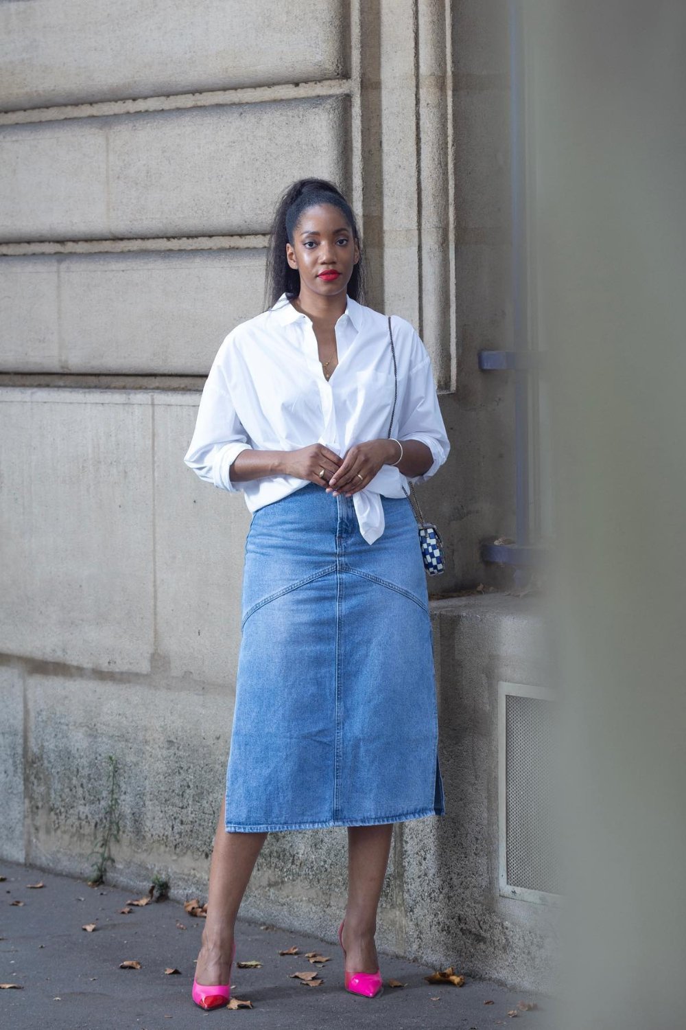 Denim Midi Skirt with Pumps