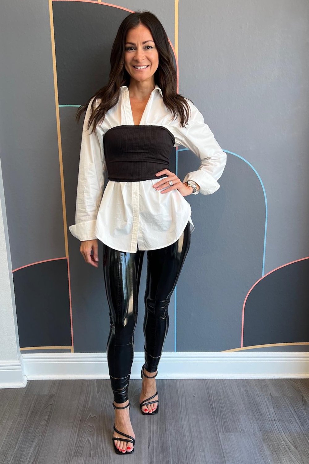 Black Strapless Top Over Shirt with Leather Leggings