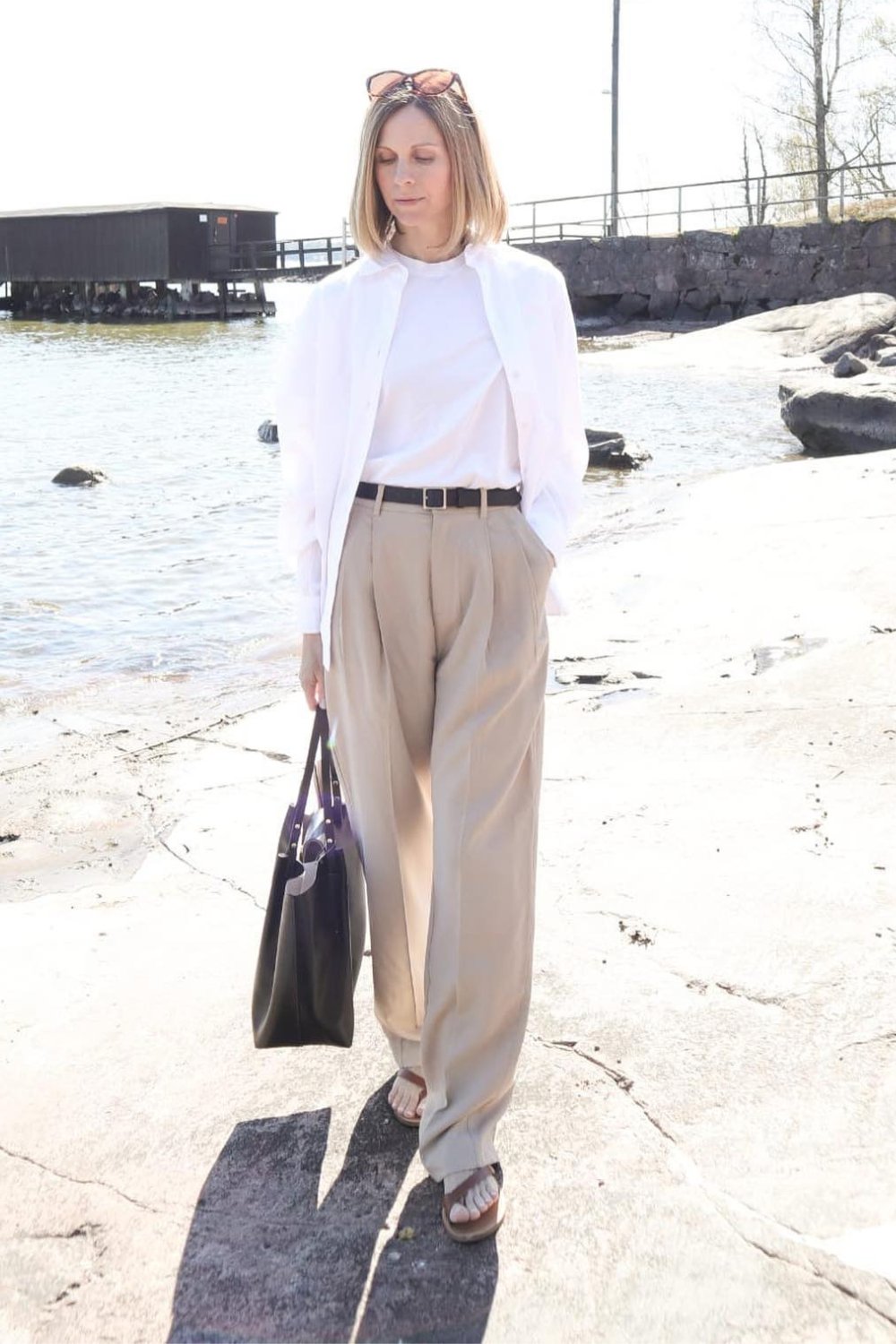 Open Shirt over White Tee with Beige Trousers