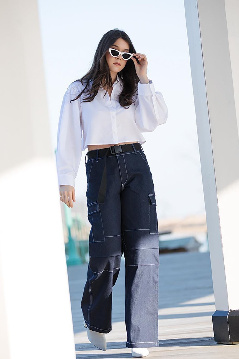 Navy Wide-Leg Cargo Pants