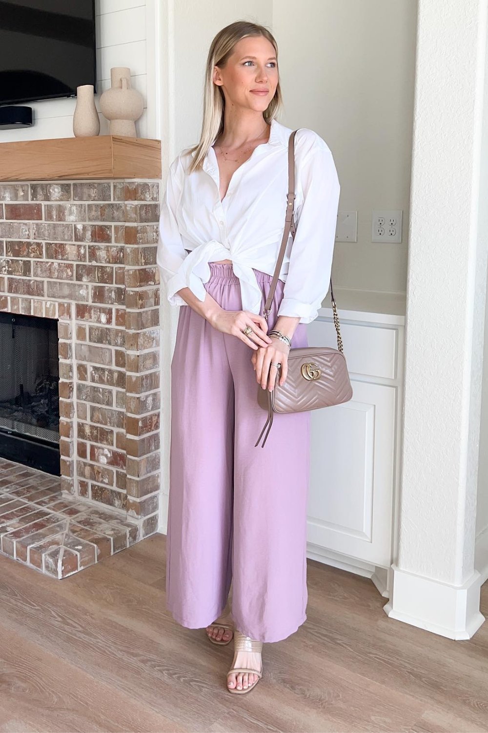 White Button-Down with Wide-Leg Pants