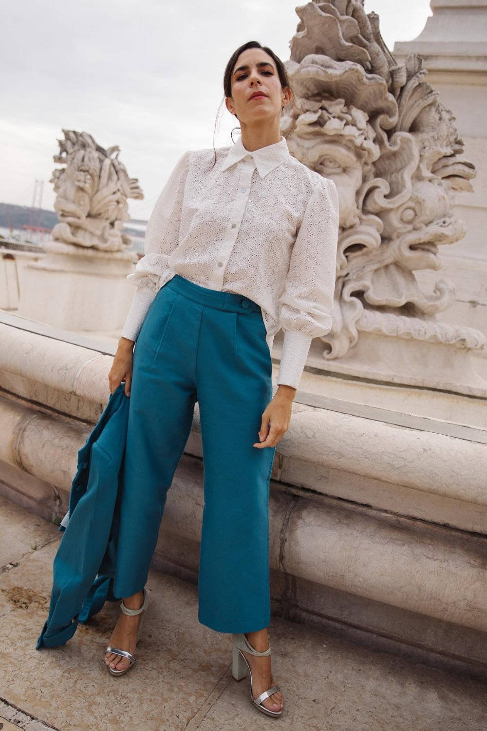 White Eyelet Shirt with Teal Wide-Leg Trousers