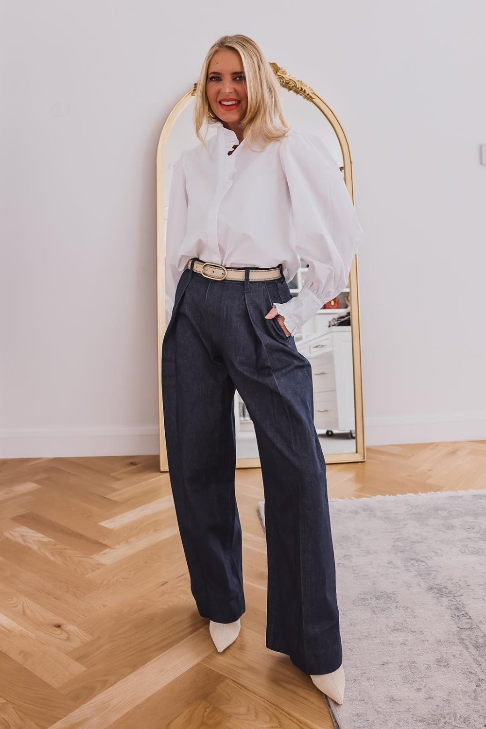 Tailored Dark Trousers with White Heels