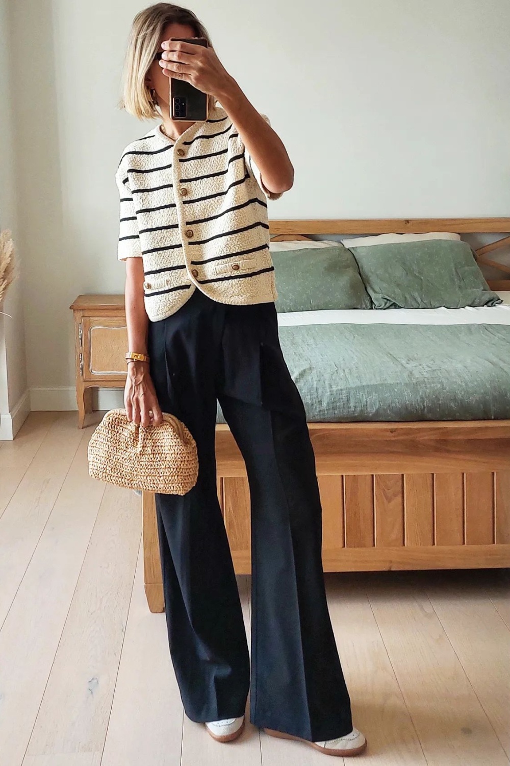 Cozy Casual: Striped Cardigan and Wide-Leg Pants