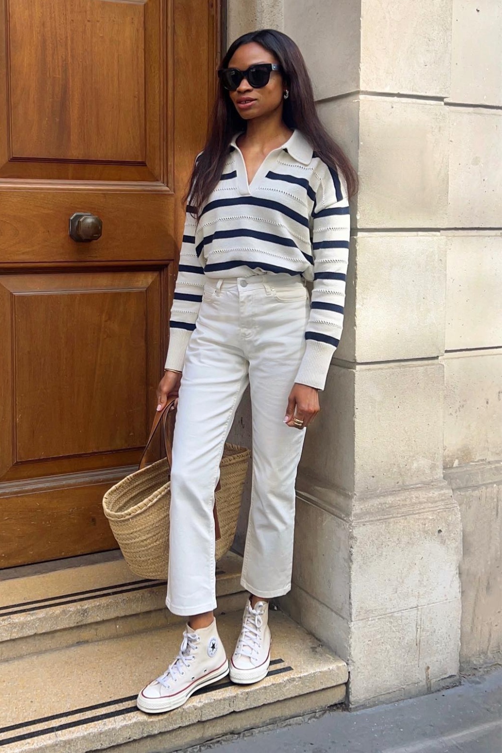 Preppy Cool: Striped Polo and White Jeans